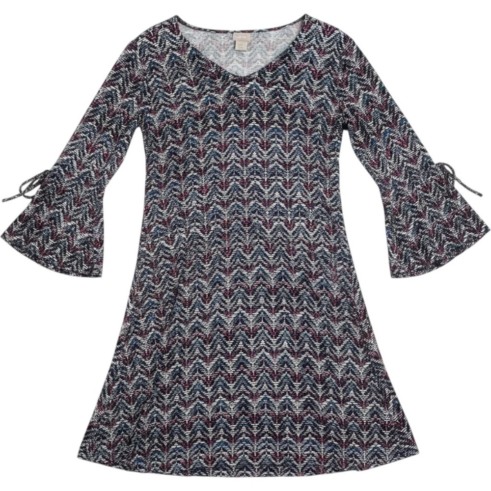 : Chico's Size 2 12/14 Printed Swing Dress Bell Sleeve Knit Tunic Boho Career